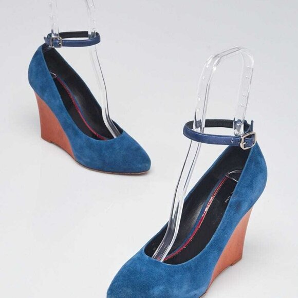 Celine Blue Suede Wedge Pumps Size 9/39.5 - Picture 1 of 4